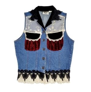 Taylor G. Dallas Texas Blue Denim Vest with Lace & Velvet Medium